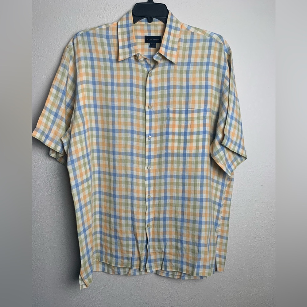 Scott Barber Men Size Large‎ 100% Line Short Sleeve Button Down Shirt Yellow